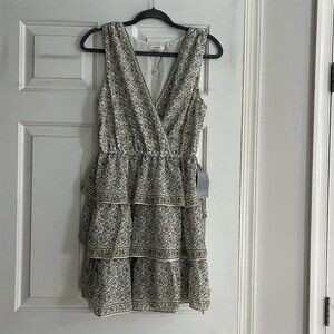 Max Studio Dress Womens M Ivory Floral Tiered Mini Sleeveless V-Neck